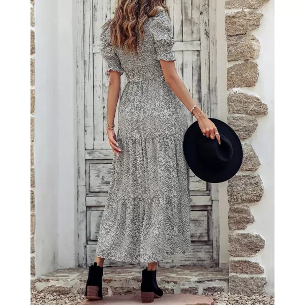 imageBTFBM Women Casual Summer Dresses 2023 Spring Crew Neck Ruffle Short Sleeve Floral Leopard Smocked Boho Flowy Maxi DressLeopard Apricot Grey