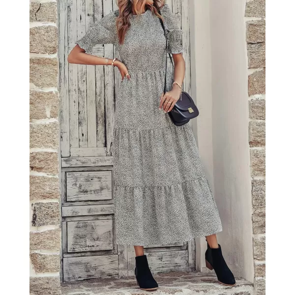 imageBTFBM Women Casual Summer Dresses 2023 Spring Crew Neck Ruffle Short Sleeve Floral Leopard Smocked Boho Flowy Maxi DressLeopard Apricot Grey