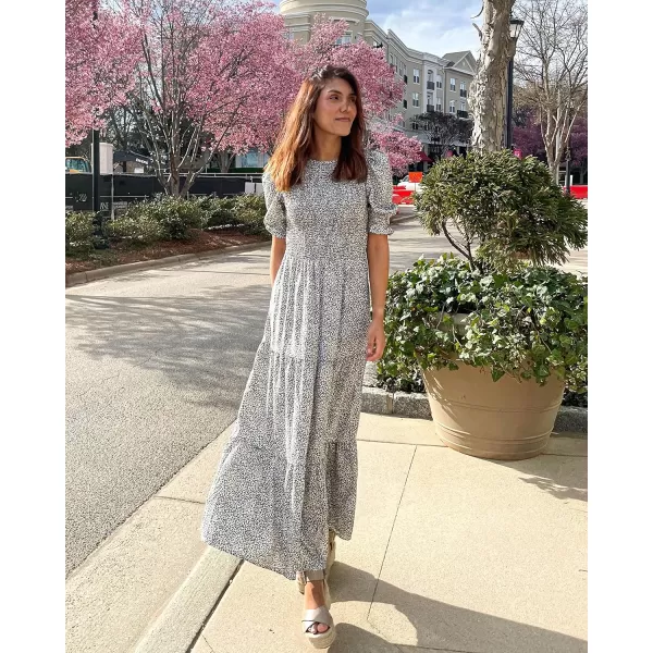 imageBTFBM Women Casual Summer Dresses 2023 Spring Crew Neck Ruffle Short Sleeve Floral Leopard Smocked Boho Flowy Maxi DressLeopard Apricot Grey