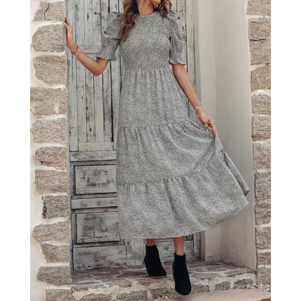 imageBTFBM Women Casual Summer Dresses 2023 Spring Crew Neck Ruffle Short Sleeve Floral Leopard Smocked Boho Flowy Maxi DressLeopard Apricot Grey