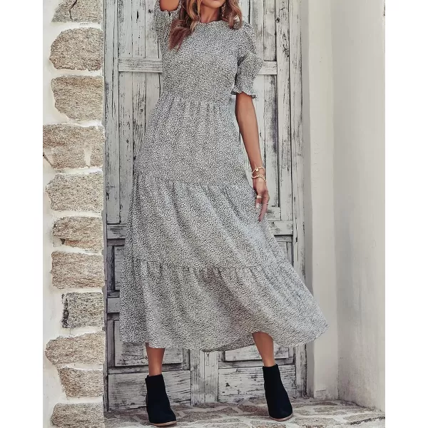 imageBTFBM Women Casual Summer Dresses 2023 Spring Crew Neck Ruffle Short Sleeve Floral Leopard Smocked Boho Flowy Maxi DressLeopard Apricot Grey