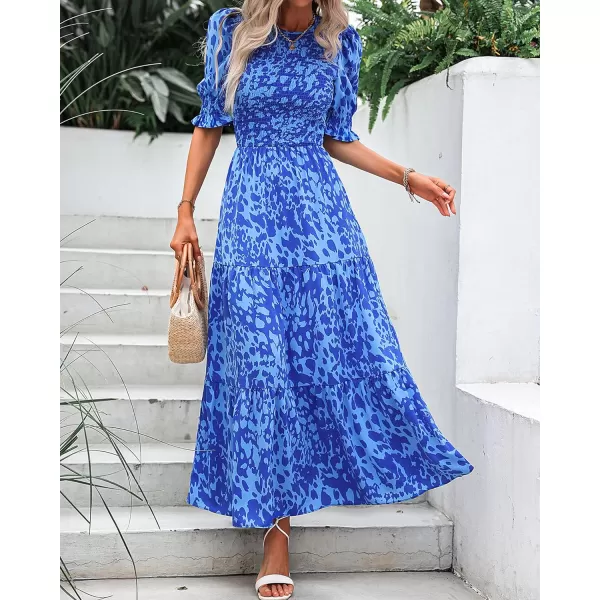 imageBTFBM Women Casual Summer Dresses 2023 Spring Crew Neck Ruffle Short Sleeve Floral Leopard Smocked Boho Flowy Maxi DressPrint Blue