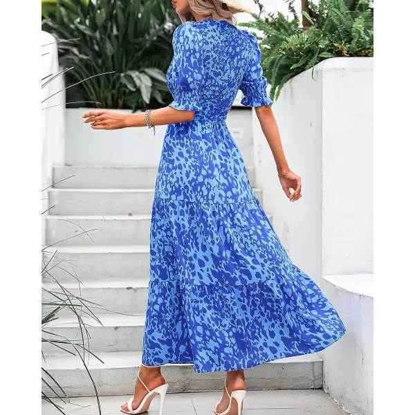 imageBTFBM Women Casual Summer Dresses 2023 Spring Crew Neck Ruffle Short Sleeve Floral Leopard Smocked Boho Flowy Maxi DressPrint Blue