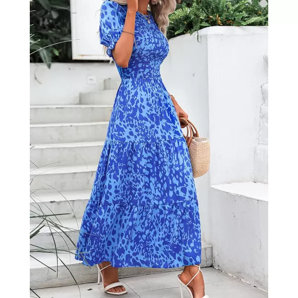 imageBTFBM Women Casual Summer Dresses 2023 Spring Crew Neck Ruffle Short Sleeve Floral Leopard Smocked Boho Flowy Maxi DressPrint Blue