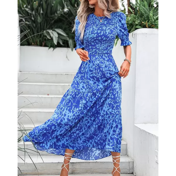imageBTFBM Women Casual Summer Dresses 2023 Spring Crew Neck Ruffle Short Sleeve Floral Leopard Smocked Boho Flowy Maxi DressPrint Blue