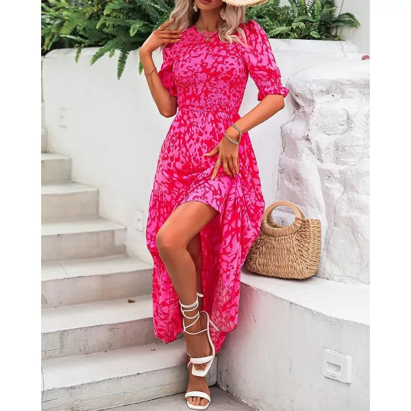 imageBTFBM Women Casual Summer Dresses 2023 Spring Crew Neck Ruffle Short Sleeve Floral Leopard Smocked Boho Flowy Maxi DressPrint Rose Red