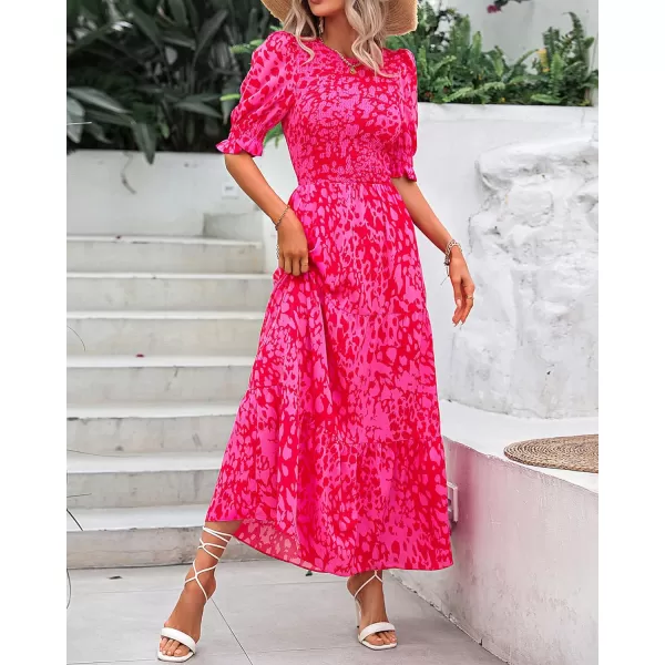 imageBTFBM Women Casual Summer Dresses 2023 Spring Crew Neck Ruffle Short Sleeve Floral Leopard Smocked Boho Flowy Maxi DressPrint Rose Red