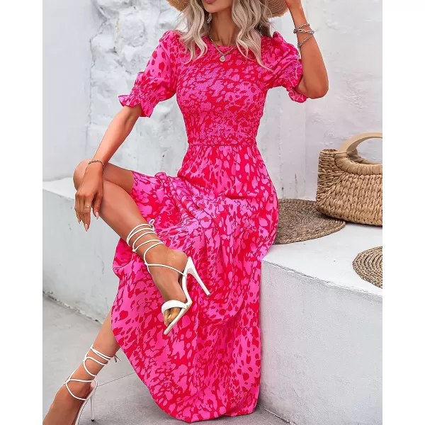 imageBTFBM Women Casual Summer Dresses 2023 Spring Crew Neck Ruffle Short Sleeve Floral Leopard Smocked Boho Flowy Maxi DressPrint Rose Red