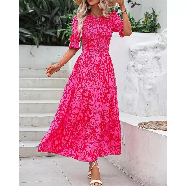 imageBTFBM Women Casual Summer Dresses 2023 Spring Crew Neck Ruffle Short Sleeve Floral Leopard Smocked Boho Flowy Maxi DressPrint Rose Red