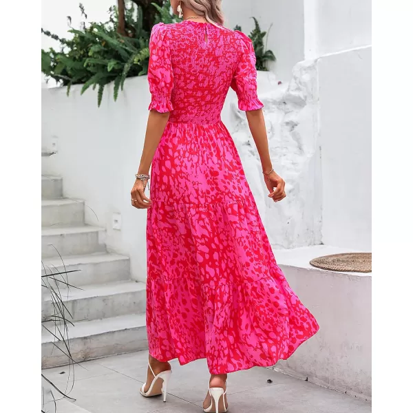 imageBTFBM Women Casual Summer Dresses 2023 Spring Crew Neck Ruffle Short Sleeve Floral Leopard Smocked Boho Flowy Maxi DressPrint Rose Red