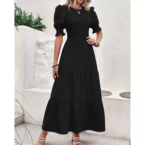 imageBTFBM Women Casual Summer Dresses 2023 Spring Crew Neck Ruffle Short Sleeve Floral Leopard Smocked Boho Flowy Maxi DressSolid Black