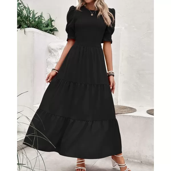 imageBTFBM Women Casual Summer Dresses 2023 Spring Crew Neck Ruffle Short Sleeve Floral Leopard Smocked Boho Flowy Maxi DressSolid Black