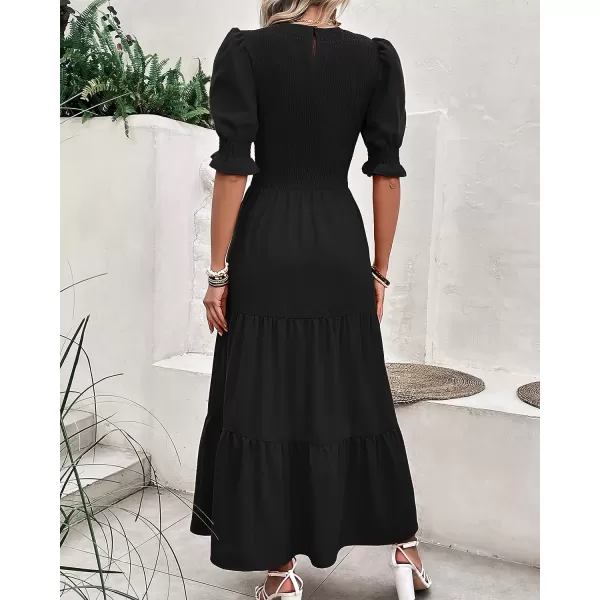 imageBTFBM Women Casual Summer Dresses 2023 Spring Crew Neck Ruffle Short Sleeve Floral Leopard Smocked Boho Flowy Maxi DressSolid Black