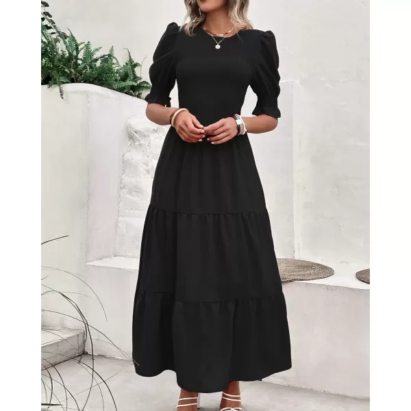 imageBTFBM Women Casual Summer Dresses 2023 Spring Crew Neck Ruffle Short Sleeve Floral Leopard Smocked Boho Flowy Maxi DressSolid Black