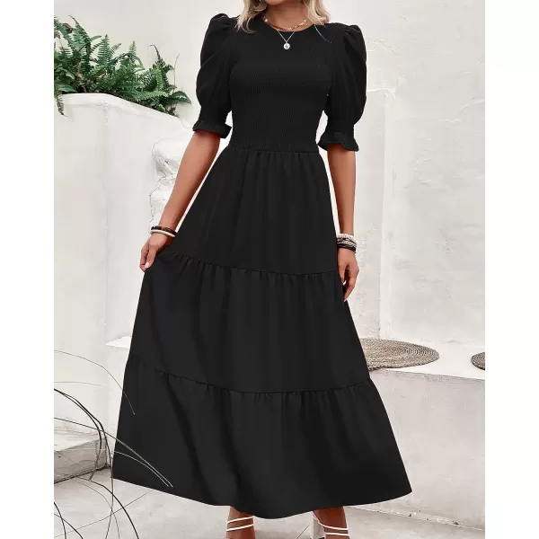 imageBTFBM Women Casual Summer Dresses 2023 Spring Crew Neck Ruffle Short Sleeve Floral Leopard Smocked Boho Flowy Maxi DressSolid Black
