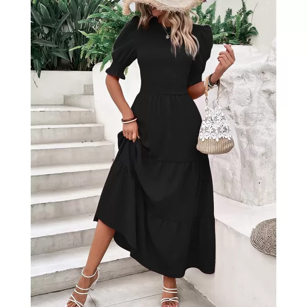 imageBTFBM Women Casual Summer Dresses 2023 Spring Crew Neck Ruffle Short Sleeve Floral Leopard Smocked Boho Flowy Maxi DressSolid Black