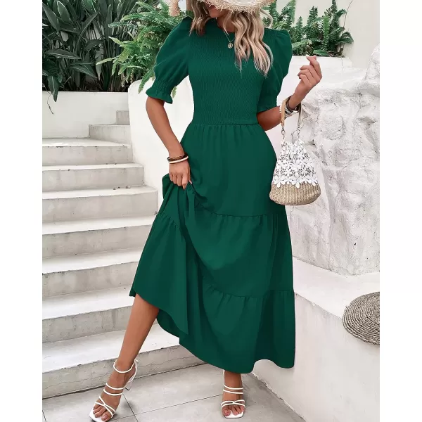 imageBTFBM Women Casual Summer Dresses 2023 Spring Crew Neck Ruffle Short Sleeve Floral Leopard Smocked Boho Flowy Maxi DressSolid Dark Green