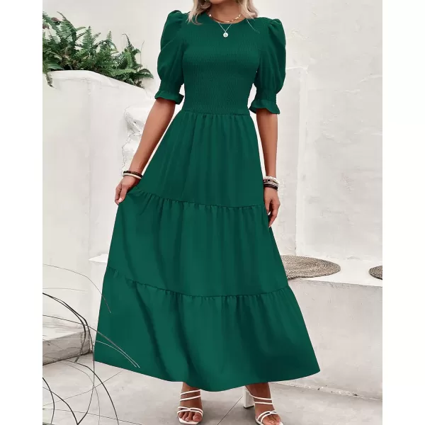 imageBTFBM Women Casual Summer Dresses 2023 Spring Crew Neck Ruffle Short Sleeve Floral Leopard Smocked Boho Flowy Maxi DressSolid Dark Green
