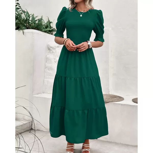 imageBTFBM Women Casual Summer Dresses 2023 Spring Crew Neck Ruffle Short Sleeve Floral Leopard Smocked Boho Flowy Maxi DressSolid Dark Green