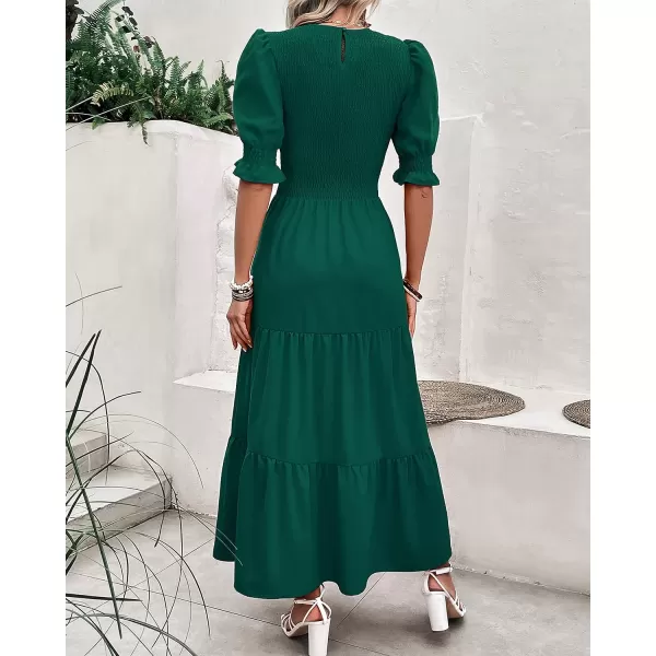 imageBTFBM Women Casual Summer Dresses 2023 Spring Crew Neck Ruffle Short Sleeve Floral Leopard Smocked Boho Flowy Maxi DressSolid Dark Green