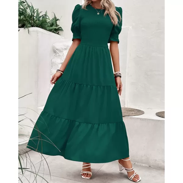 imageBTFBM Women Casual Summer Dresses 2023 Spring Crew Neck Ruffle Short Sleeve Floral Leopard Smocked Boho Flowy Maxi DressSolid Dark Green
