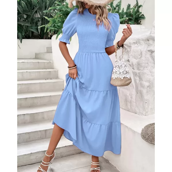 imageBTFBM Women Casual Summer Dresses 2023 Spring Crew Neck Ruffle Short Sleeve Floral Leopard Smocked Boho Flowy Maxi DressSolid Light Blue