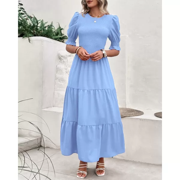 imageBTFBM Women Casual Summer Dresses 2023 Spring Crew Neck Ruffle Short Sleeve Floral Leopard Smocked Boho Flowy Maxi DressSolid Light Blue