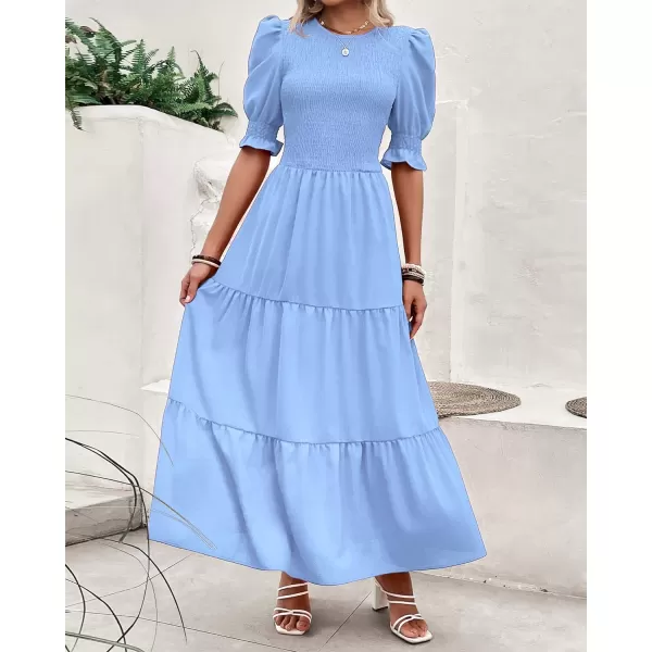 imageBTFBM Women Casual Summer Dresses 2023 Spring Crew Neck Ruffle Short Sleeve Floral Leopard Smocked Boho Flowy Maxi DressSolid Light Blue