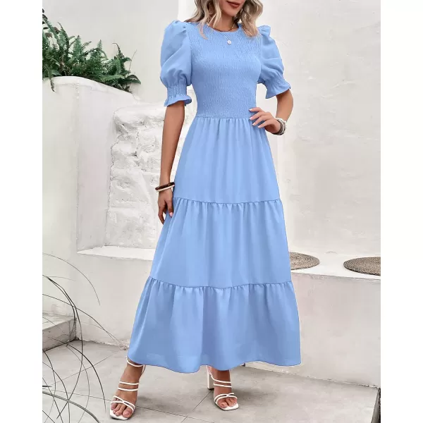 imageBTFBM Women Casual Summer Dresses 2023 Spring Crew Neck Ruffle Short Sleeve Floral Leopard Smocked Boho Flowy Maxi DressSolid Light Blue