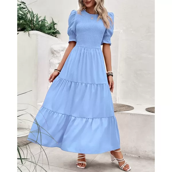imageBTFBM Women Casual Summer Dresses 2023 Spring Crew Neck Ruffle Short Sleeve Floral Leopard Smocked Boho Flowy Maxi DressSolid Light Blue