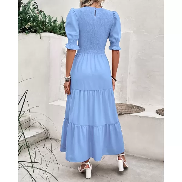 imageBTFBM Women Casual Summer Dresses 2023 Spring Crew Neck Ruffle Short Sleeve Floral Leopard Smocked Boho Flowy Maxi DressSolid Light Blue