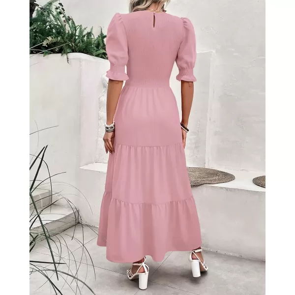 imageBTFBM Women Casual Summer Dresses 2023 Spring Crew Neck Ruffle Short Sleeve Floral Leopard Smocked Boho Flowy Maxi DressSolid Light Pink