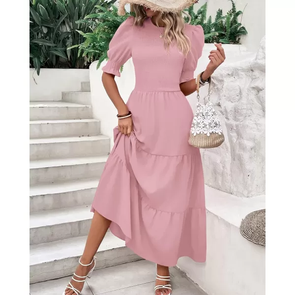imageBTFBM Women Casual Summer Dresses 2023 Spring Crew Neck Ruffle Short Sleeve Floral Leopard Smocked Boho Flowy Maxi DressSolid Light Pink