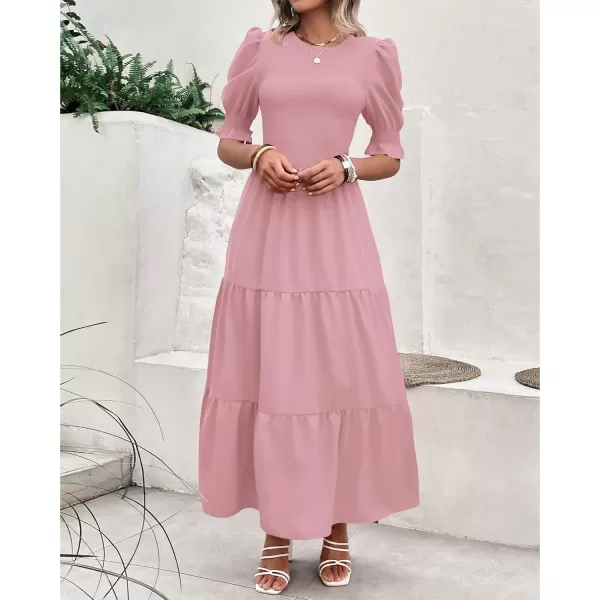 imageBTFBM Women Casual Summer Dresses 2023 Spring Crew Neck Ruffle Short Sleeve Floral Leopard Smocked Boho Flowy Maxi DressSolid Light Pink