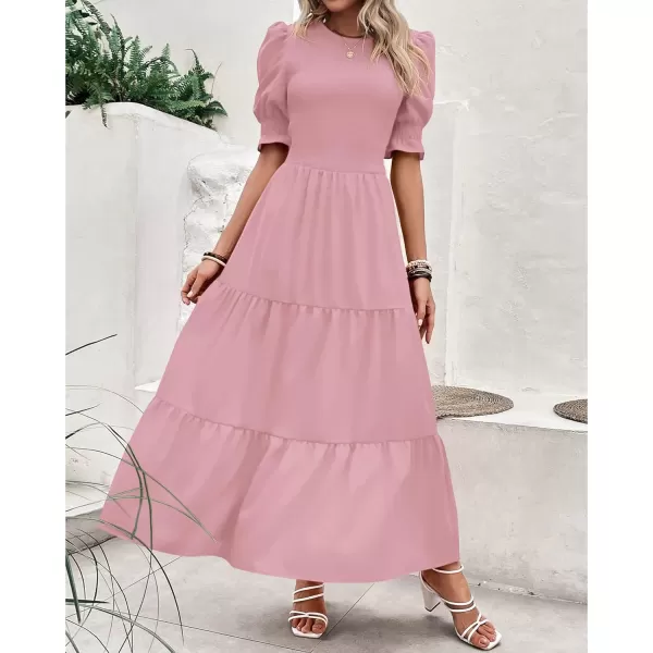 imageBTFBM Women Casual Summer Dresses 2023 Spring Crew Neck Ruffle Short Sleeve Floral Leopard Smocked Boho Flowy Maxi DressSolid Light Pink