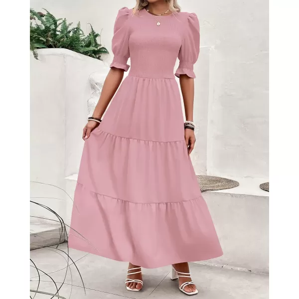 imageBTFBM Women Casual Summer Dresses 2023 Spring Crew Neck Ruffle Short Sleeve Floral Leopard Smocked Boho Flowy Maxi DressSolid Light Pink