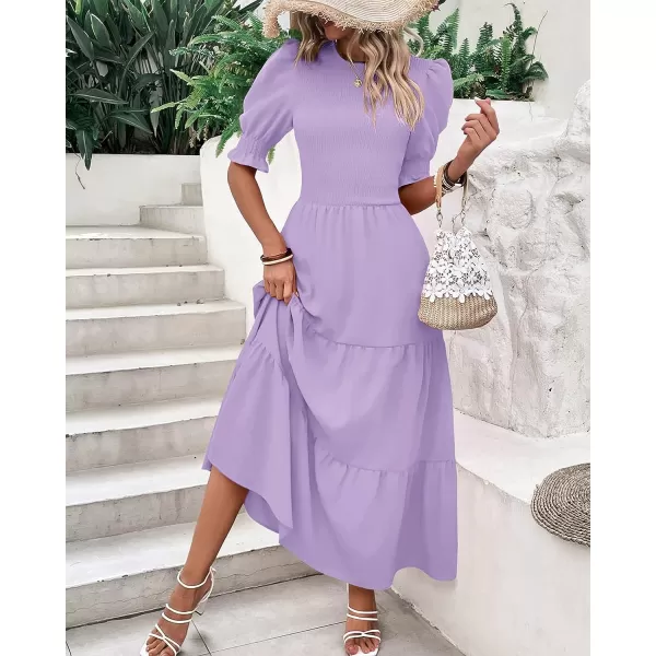 imageBTFBM Women Casual Summer Dresses 2023 Spring Crew Neck Ruffle Short Sleeve Floral Leopard Smocked Boho Flowy Maxi DressSolid Purple