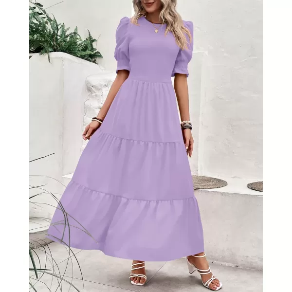 imageBTFBM Women Casual Summer Dresses 2023 Spring Crew Neck Ruffle Short Sleeve Floral Leopard Smocked Boho Flowy Maxi DressSolid Purple