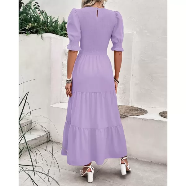 imageBTFBM Women Casual Summer Dresses 2023 Spring Crew Neck Ruffle Short Sleeve Floral Leopard Smocked Boho Flowy Maxi DressSolid Purple