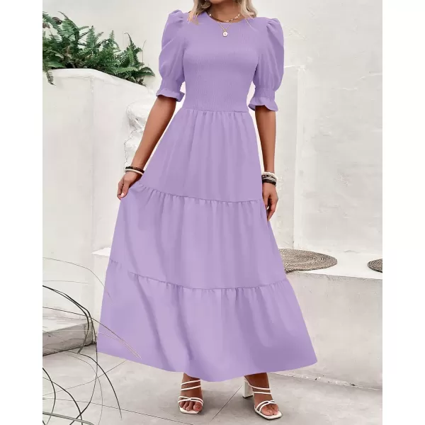 imageBTFBM Women Casual Summer Dresses 2023 Spring Crew Neck Ruffle Short Sleeve Floral Leopard Smocked Boho Flowy Maxi DressSolid Purple