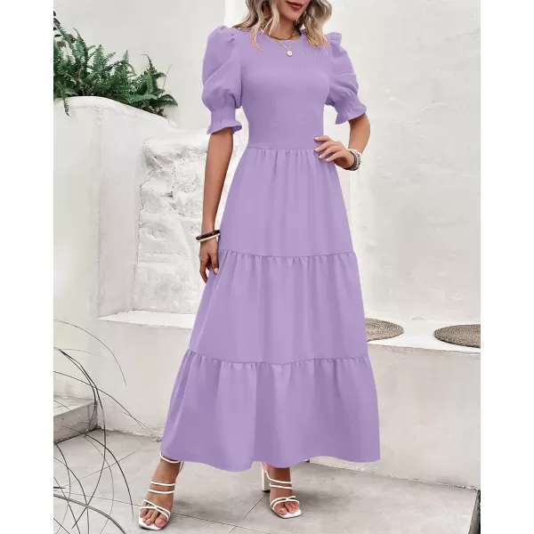 imageBTFBM Women Casual Summer Dresses 2023 Spring Crew Neck Ruffle Short Sleeve Floral Leopard Smocked Boho Flowy Maxi DressSolid Purple