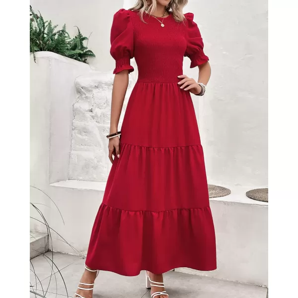 imageBTFBM Women Casual Summer Dresses 2023 Spring Crew Neck Ruffle Short Sleeve Floral Leopard Smocked Boho Flowy Maxi DressSolid Red