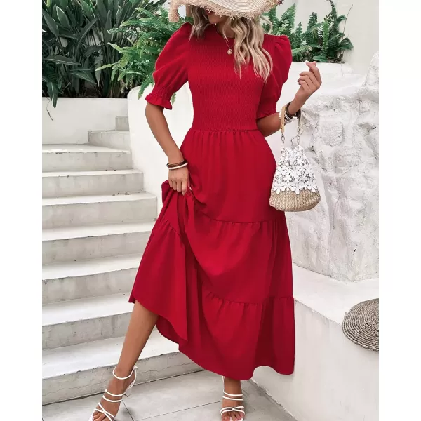 imageBTFBM Women Casual Summer Dresses 2023 Spring Crew Neck Ruffle Short Sleeve Floral Leopard Smocked Boho Flowy Maxi DressSolid Red