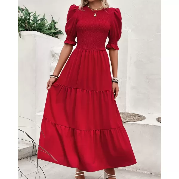 imageBTFBM Women Casual Summer Dresses 2023 Spring Crew Neck Ruffle Short Sleeve Floral Leopard Smocked Boho Flowy Maxi DressSolid Red