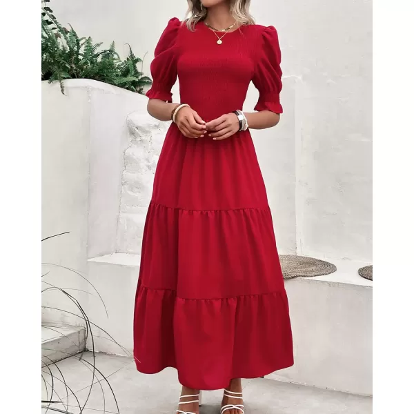imageBTFBM Women Casual Summer Dresses 2023 Spring Crew Neck Ruffle Short Sleeve Floral Leopard Smocked Boho Flowy Maxi DressSolid Red