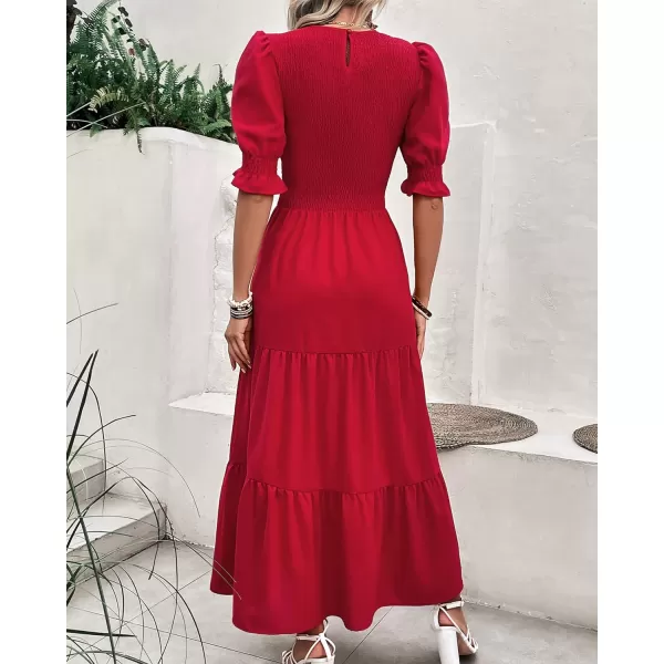 imageBTFBM Women Casual Summer Dresses 2023 Spring Crew Neck Ruffle Short Sleeve Floral Leopard Smocked Boho Flowy Maxi DressSolid Red