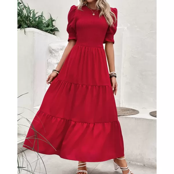 imageBTFBM Women Casual Summer Dresses 2023 Spring Crew Neck Ruffle Short Sleeve Floral Leopard Smocked Boho Flowy Maxi DressSolid Red