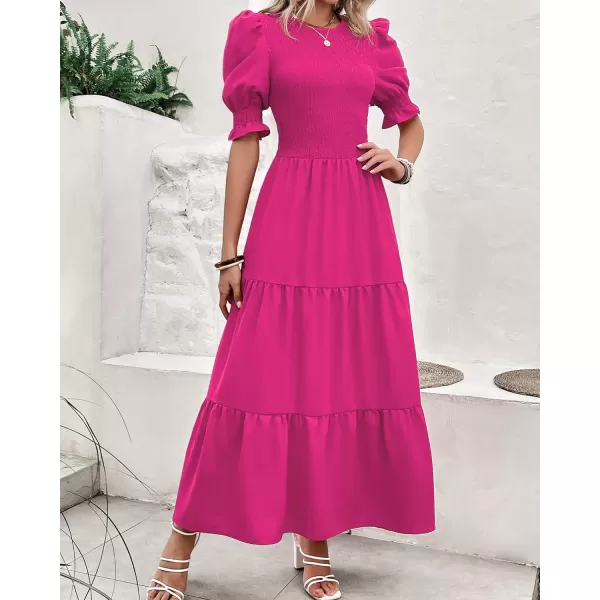 imageBTFBM Women Casual Summer Dresses 2023 Spring Crew Neck Ruffle Short Sleeve Floral Leopard Smocked Boho Flowy Maxi DressSolid Rose Red