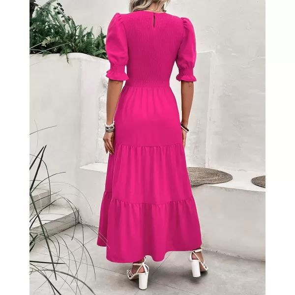 imageBTFBM Women Casual Summer Dresses 2023 Spring Crew Neck Ruffle Short Sleeve Floral Leopard Smocked Boho Flowy Maxi DressSolid Rose Red