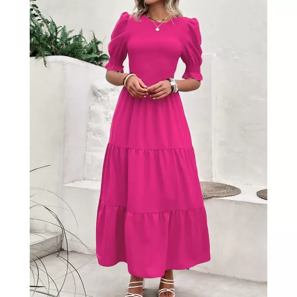imageBTFBM Women Casual Summer Dresses 2023 Spring Crew Neck Ruffle Short Sleeve Floral Leopard Smocked Boho Flowy Maxi DressSolid Rose Red